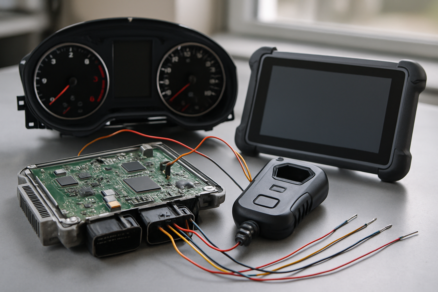 A cluster and engine control unit on the bench for key programming