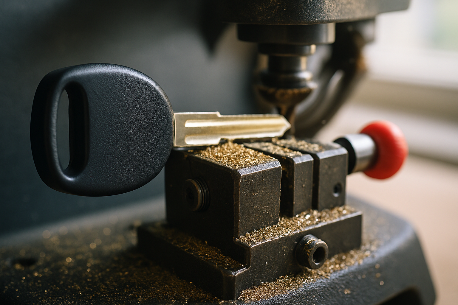 Cutting a new car key blank on the key machine