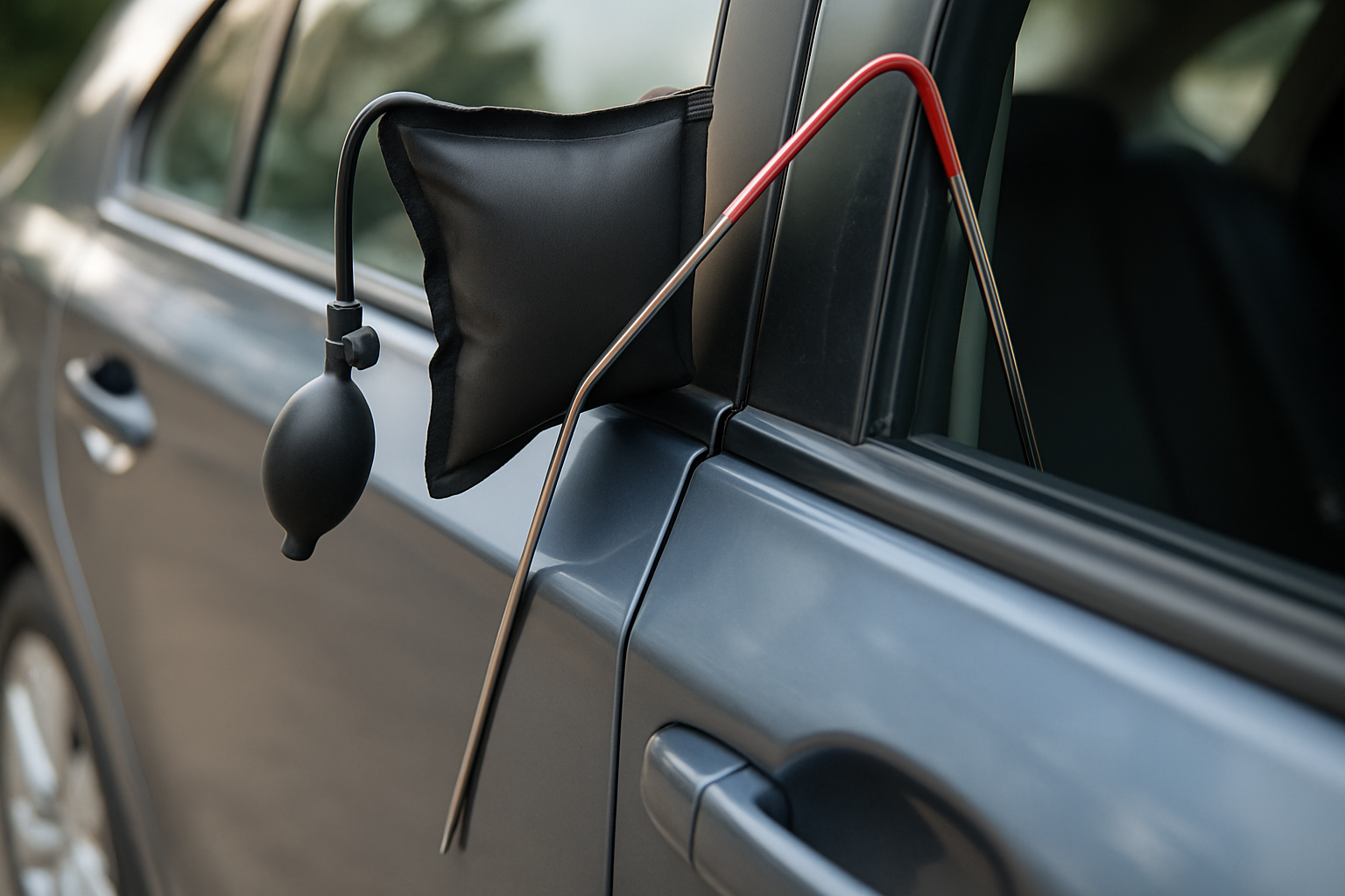 Air wedge and long reach tool opening a car door at the window frame