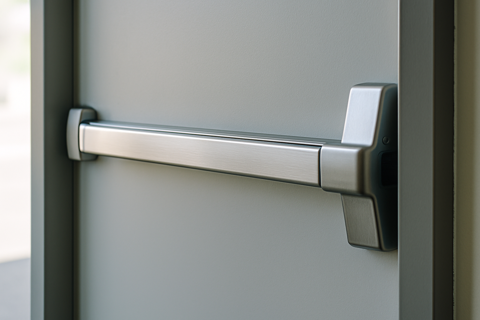A panic bar exit device on a commercial fire door