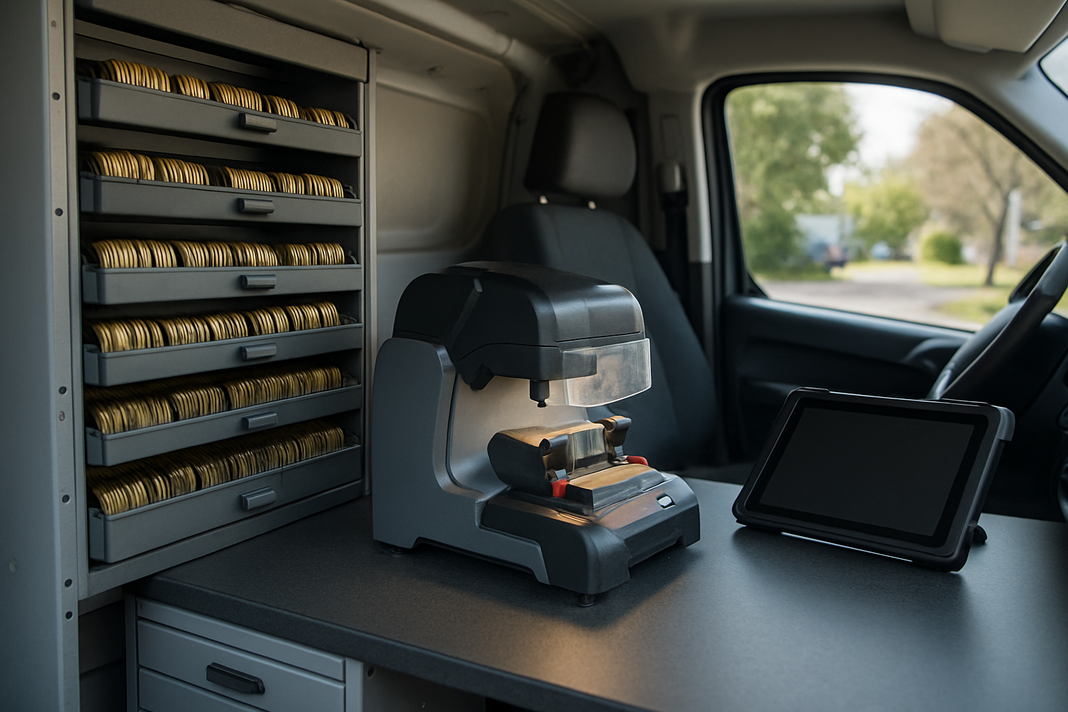 Inside the locksmith van — key machine, blanks and tools