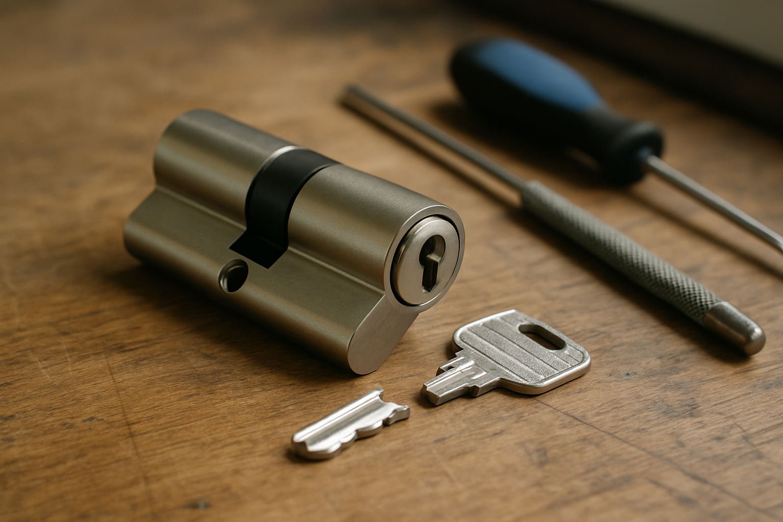 A door cylinder with a snapped key segment on the bench