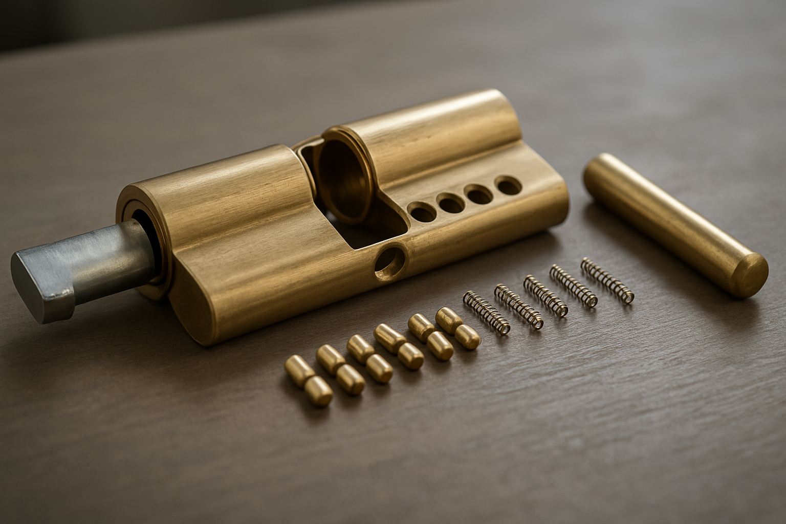 A door cylinder taken apart on the bench with pins and follower