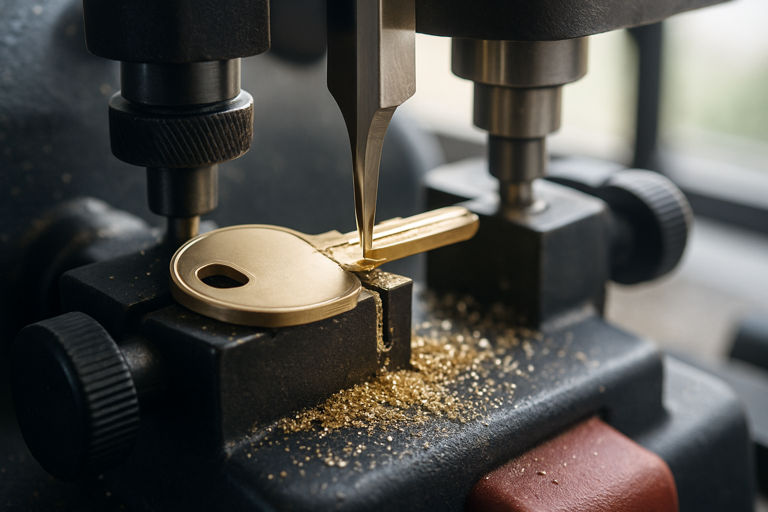 A key-cutting machine cutting a brass blank