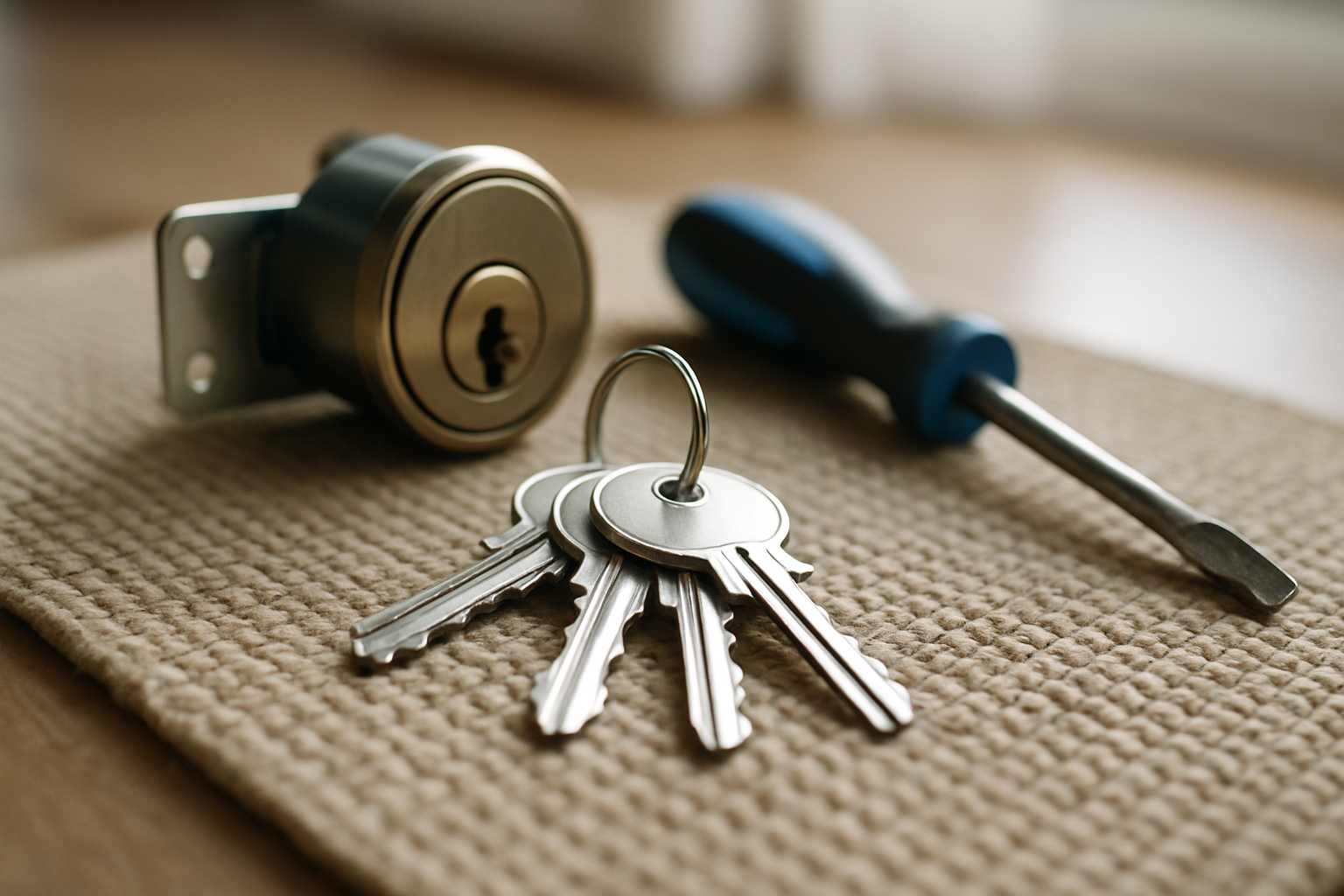 Freshly cut keys beside a door lock ready to go back on